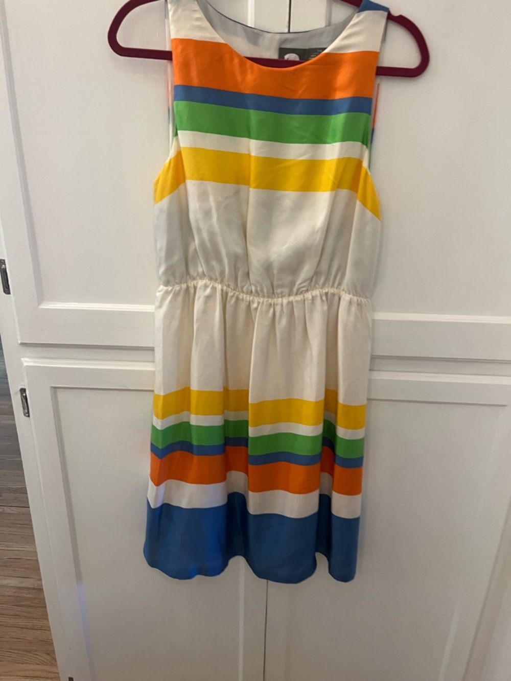 Anthropologie Cream Striped Sleeveless Dress with Rainbow Accents